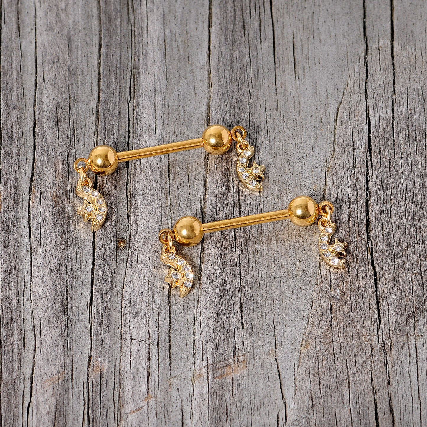 14G 9/16 Clear Gem Gold Tone Moon Dangle Barbell Nipple Ring Set