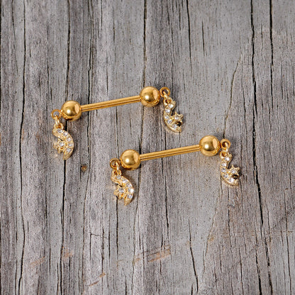 14G 9/16 Clear Gem Gold Tone Moon Dangle Barbell Nipple Ring Set