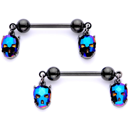 14G 9/16 Blue Gem Sugar Skull Halloween Dangle Nipple Ring Set