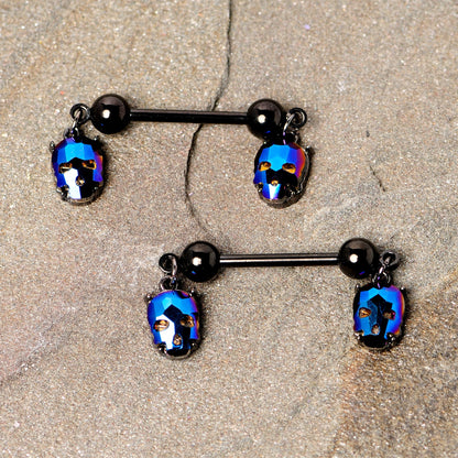 14G 9/16 Blue Gem Sugar Skull Halloween Dangle Nipple Ring Set