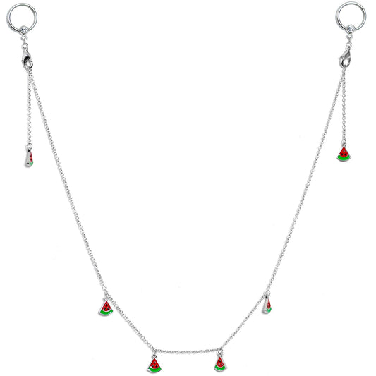 14G 9/16 Clear Gem Watermelon Captive Ring Dangle Nipple Chain