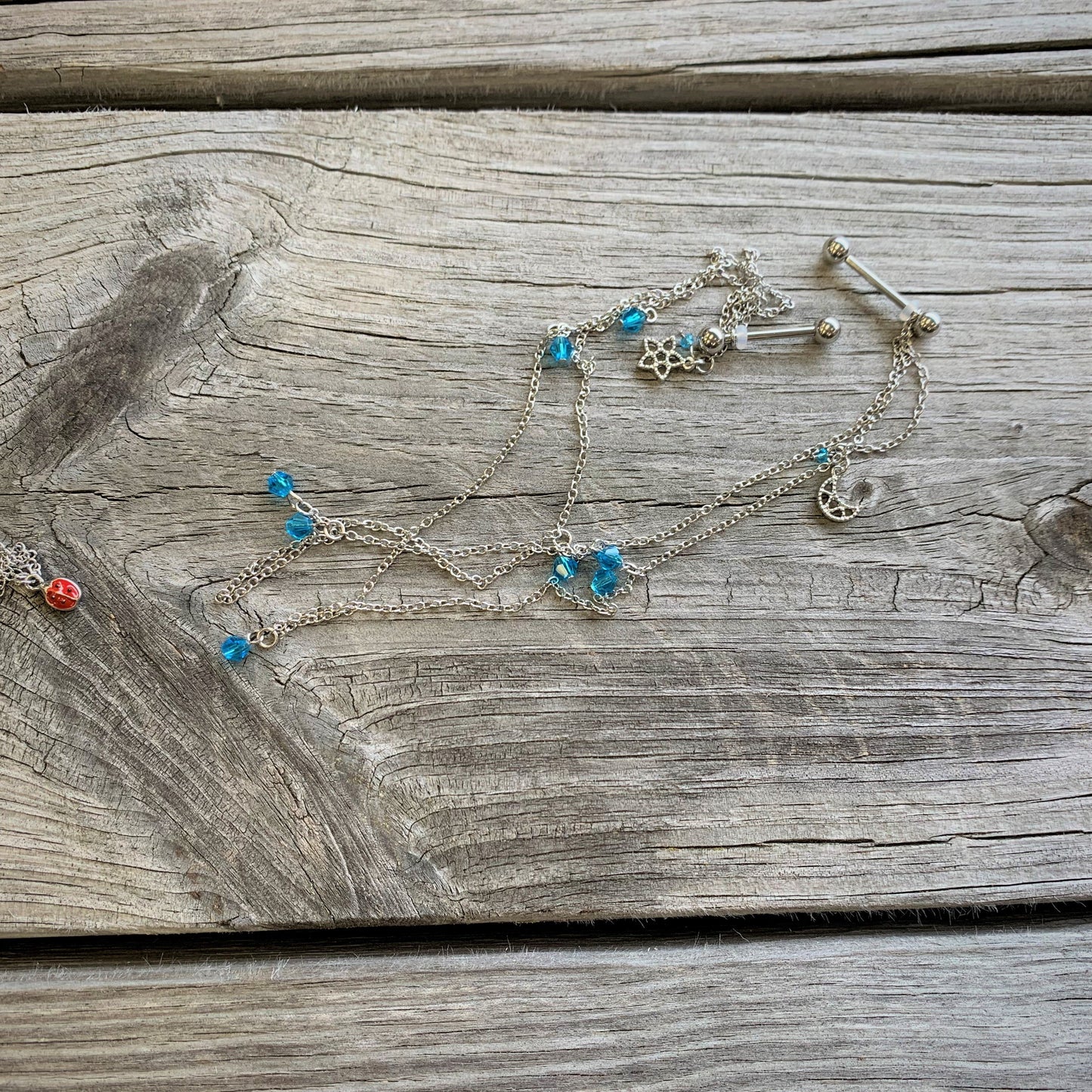 14G 5/8 Blue Gem Moon Star Double Dangle Nipple Chain