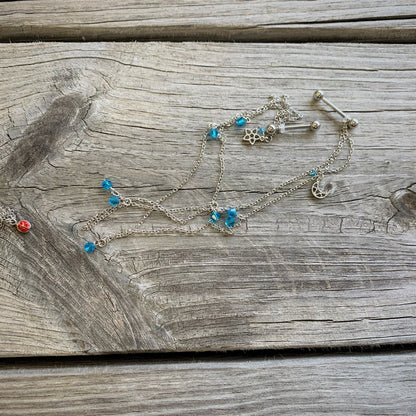 14G 5/8 Blue Gem Moon Star Double Dangle Nipple Chain