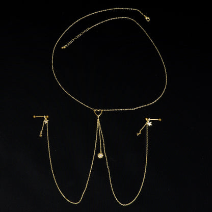 14G 5/8 Aurora Gem Gold Tone Sun Heart Star Nipple Chain Necklace