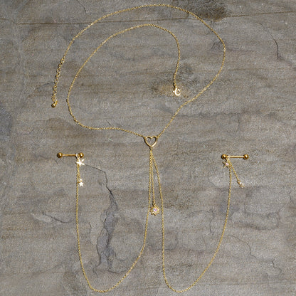 14G 5/8 Aurora Gem Gold Tone Sun Heart Star Nipple Chain Necklace