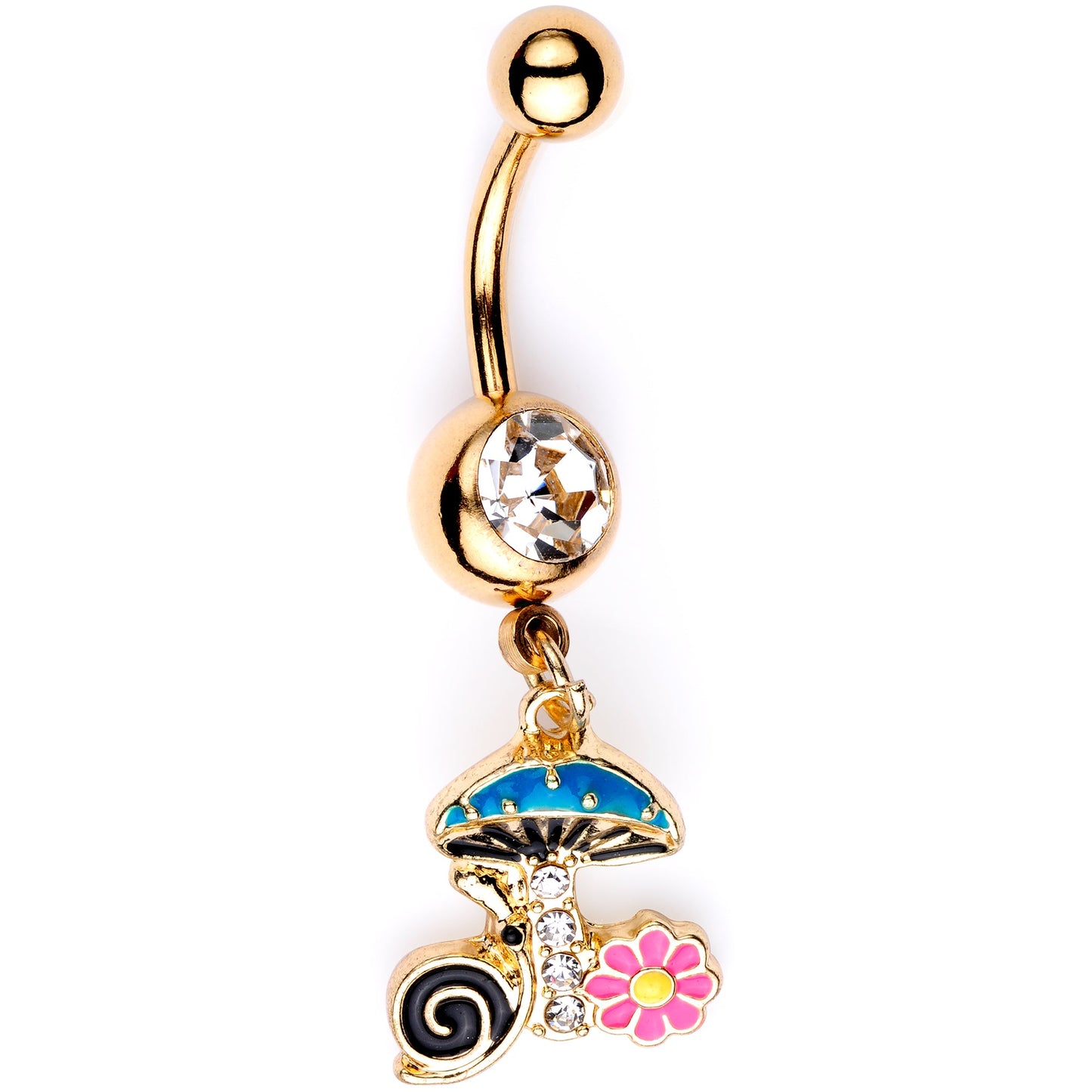 Clear Gem Gold Tone Snail Flower Magic Mushroom Dangle Belly Ring