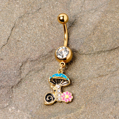 Clear Gem Gold Tone Snail Flower Magic Mushroom Dangle Belly Ring