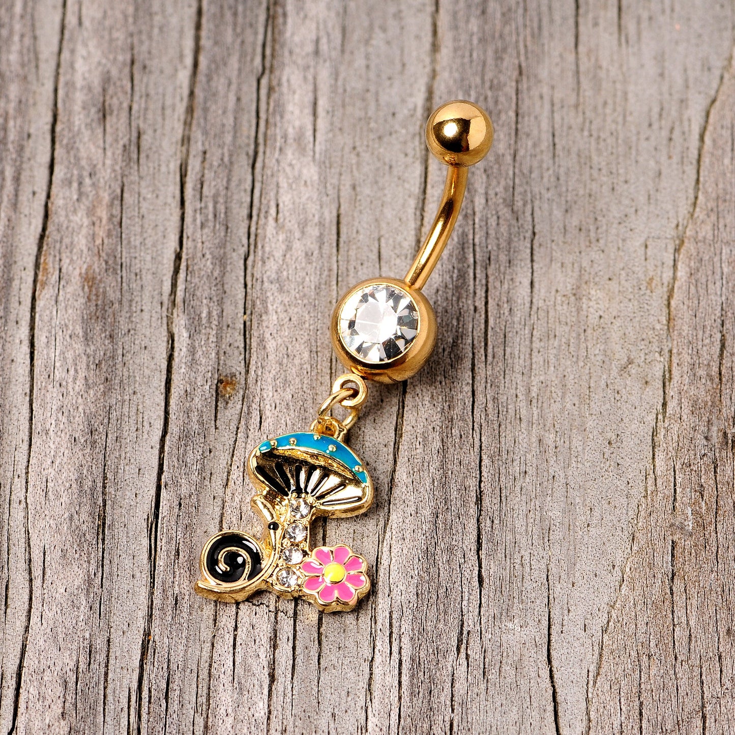 Clear Gem Gold Tone Snail Flower Magic Mushroom Dangle Belly Ring
