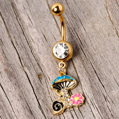 Clear Gem Gold Tone Snail Flower Magic Mushroom Dangle Belly Ring