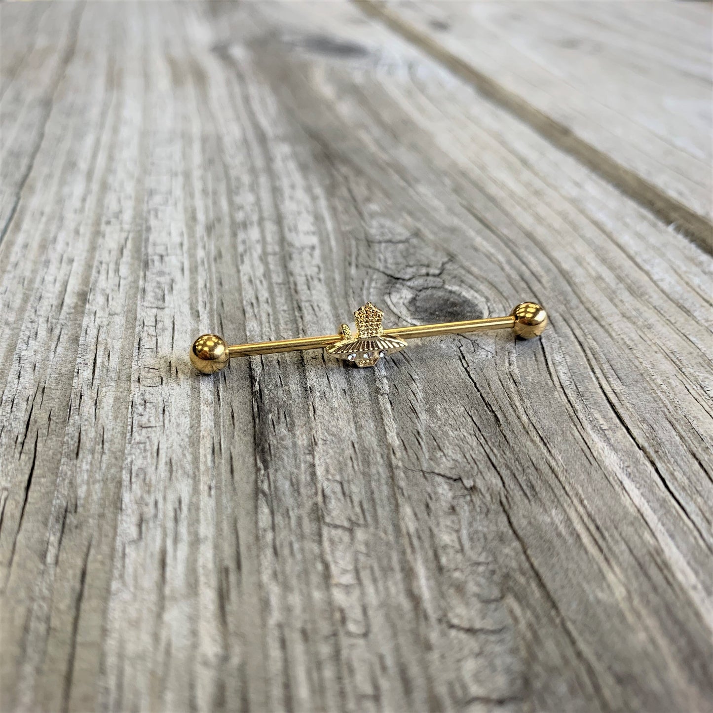 14G Clear Gem Gold Tone Alien UFO Beam Industrial Barbell 38mm