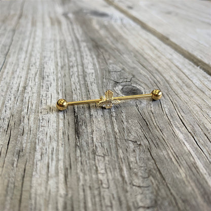 14G Clear Gem Gold Tone Alien UFO Beam Industrial Barbell 38mm