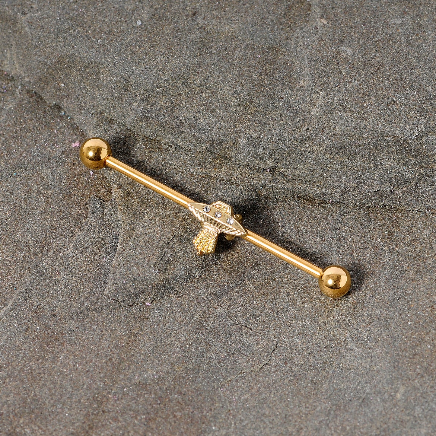 14G Clear Gem Gold Tone Alien UFO Beam Industrial Barbell 38mm
