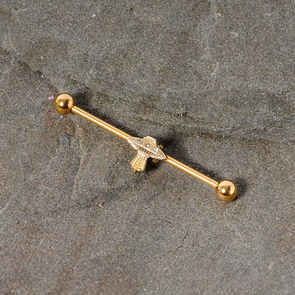 14G Clear Gem Gold Tone Alien UFO Beam Industrial Barbell 38mm