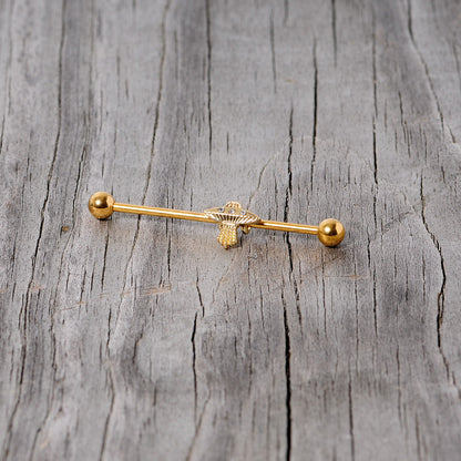 14G Clear Gem Gold Tone Alien UFO Beam Industrial Barbell 38mm