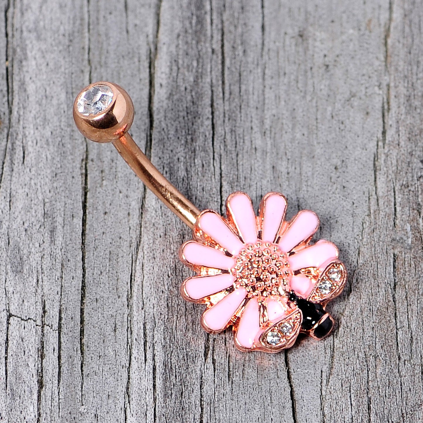 Clear Gem Rose Gold Tone Pink Daisy Bee Belly Ring