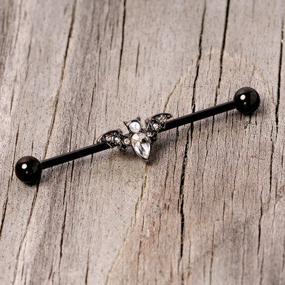 14G Clear Gem Black Bat Halloween Industrial Barbell 38mm