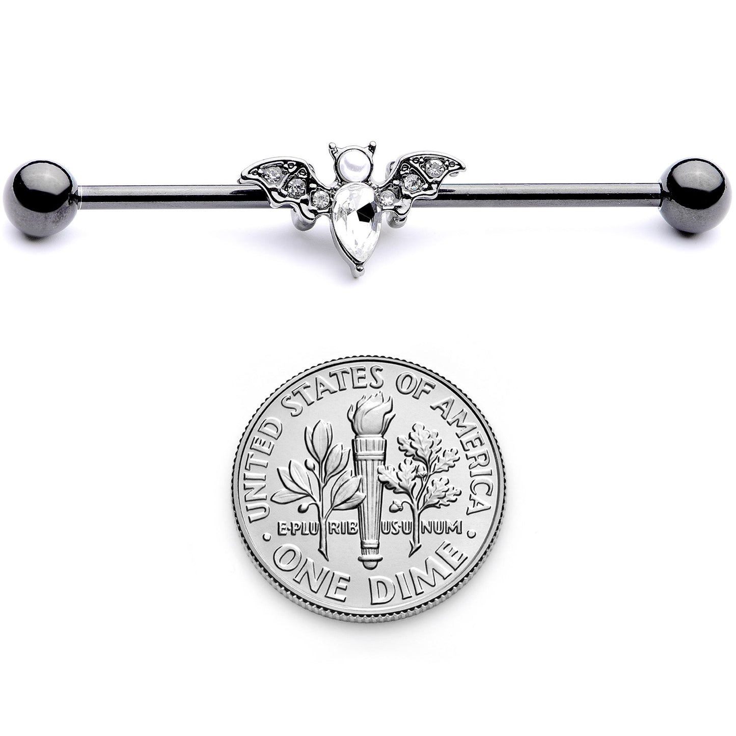14G Clear Gem Black Bat Halloween Industrial Barbell 38mm