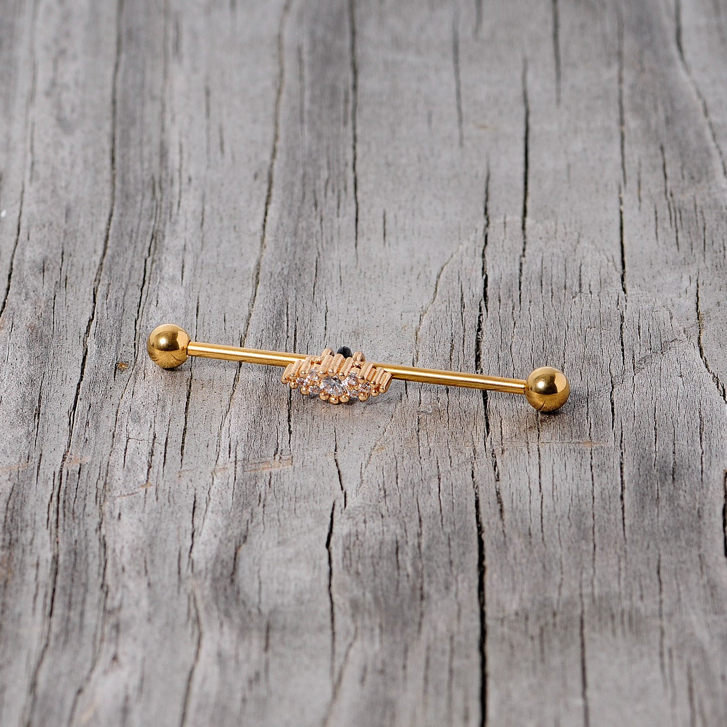14G Clear CZ Gem Gold Tone Texture Industrial Barbell 38mm