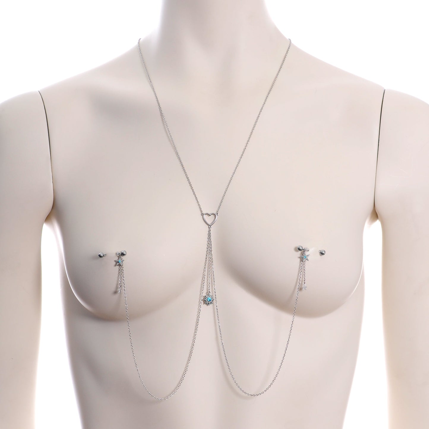 14G 5/8 Blue Gem Sun Heart Star Nipple Chain Necklace