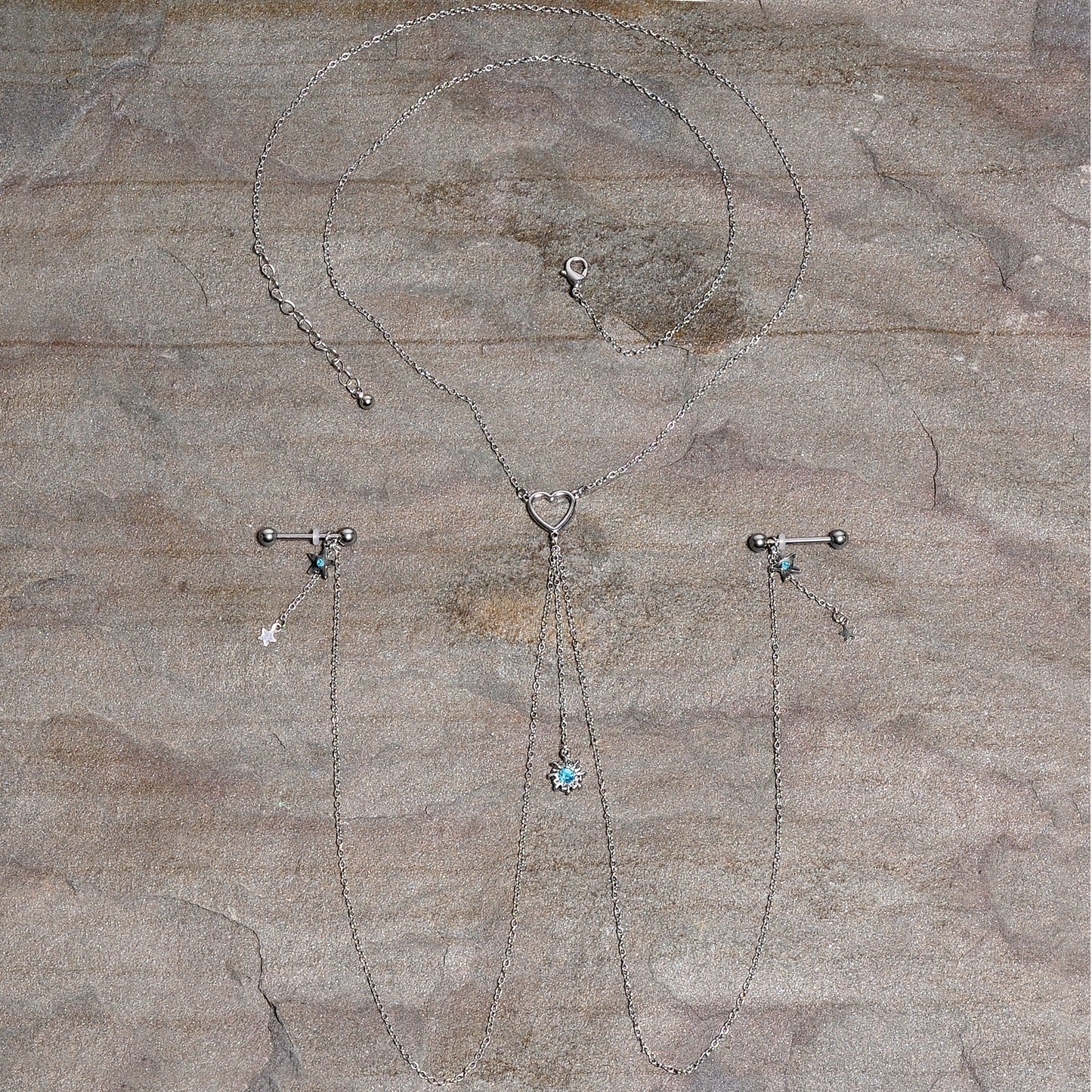 14G 5/8 Blue Gem Sun Heart Star Nipple Chain Necklace