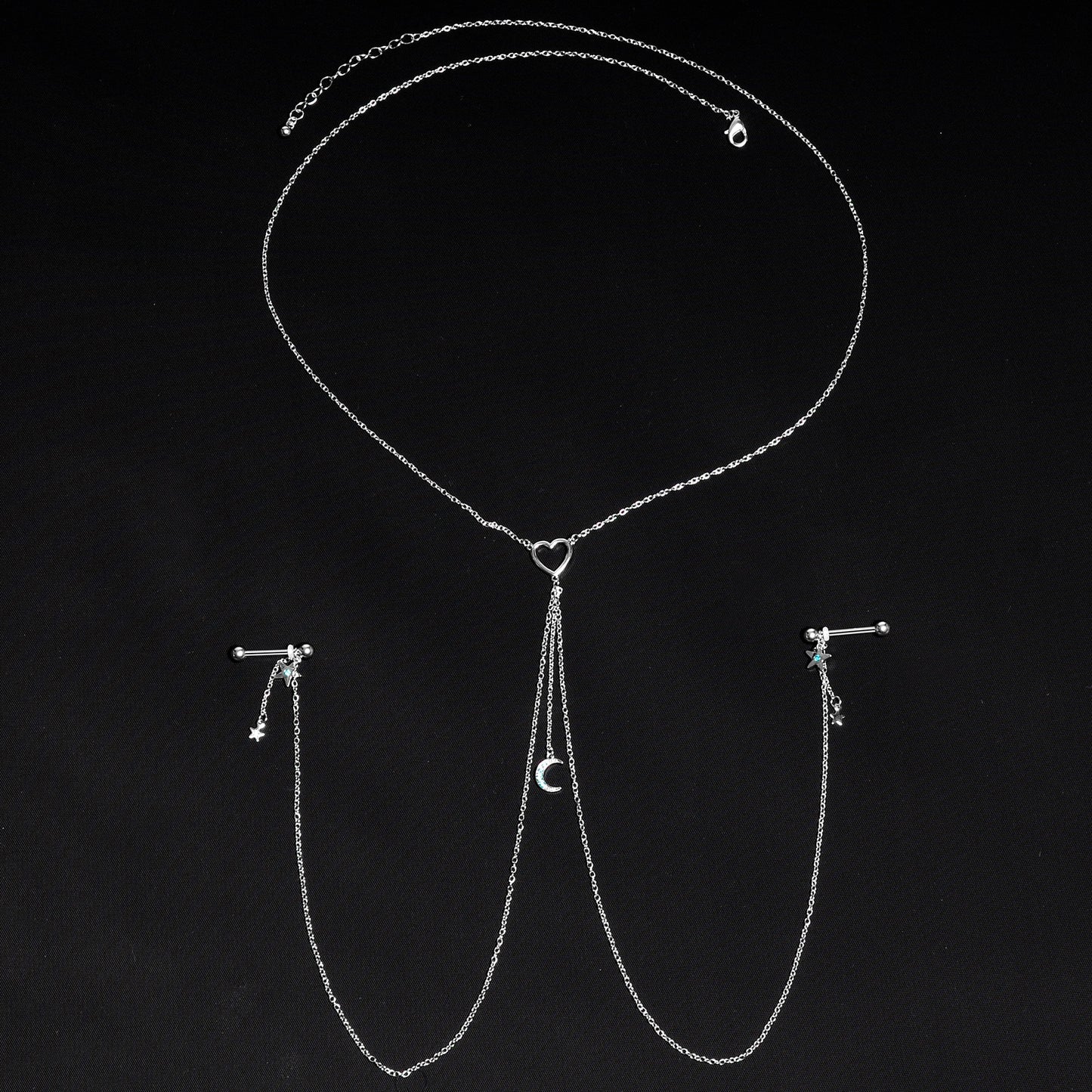 14G 5/8 Blue Gem Moon Heart Star Nipple Chain Necklace