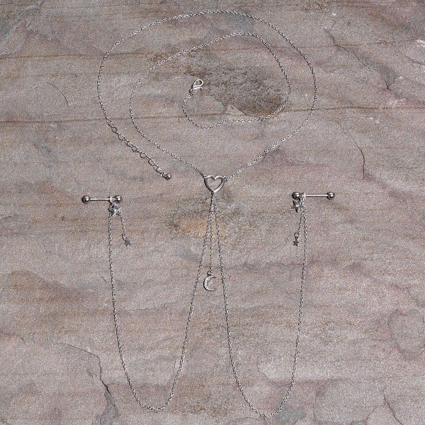 14G 5/8 Clear Gem Moon Heart Star Nipple Chain Necklace