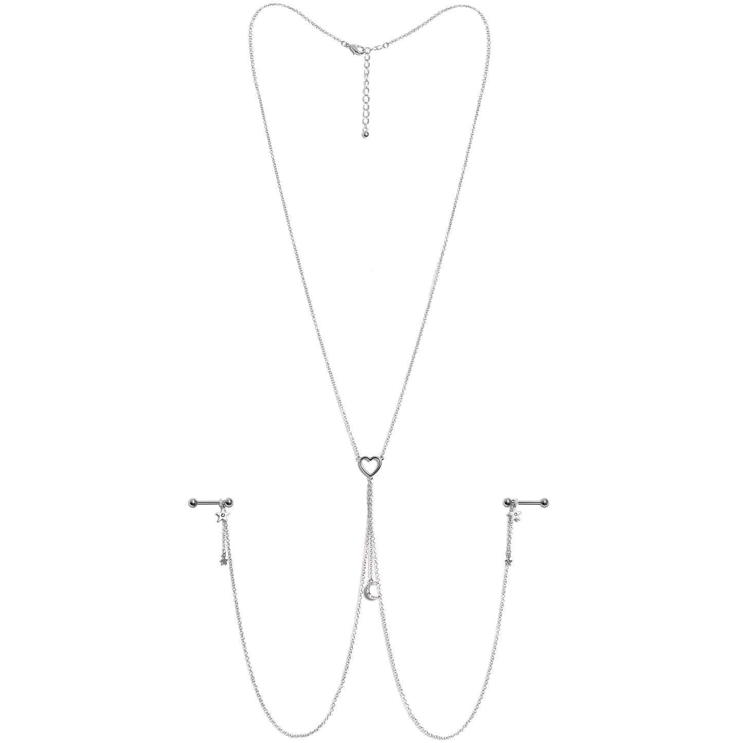 14G 5/8 Clear Gem Moon Heart Star Nipple Chain Necklace