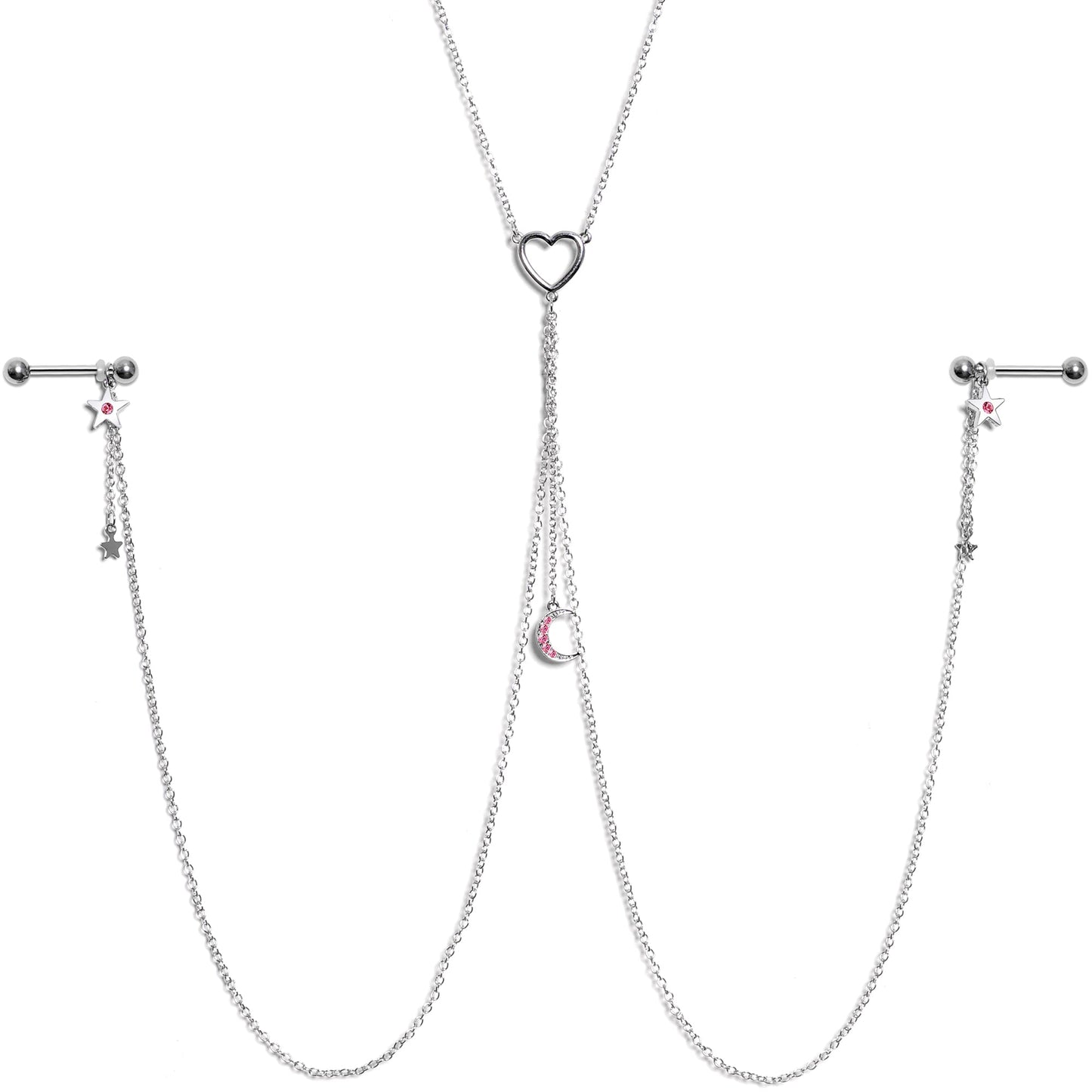 14G 5/8 Pink Gem Moon Heart Star Nipple Chain Necklace