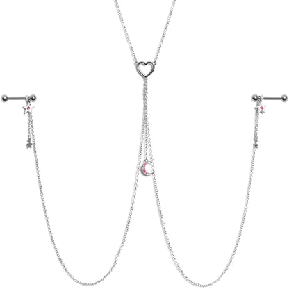 14G 5/8 Pink Gem Moon Heart Star Nipple Chain Necklace