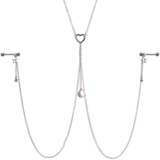 14G 5/8 Pink Gem Moon Heart Star Nipple Chain Necklace
