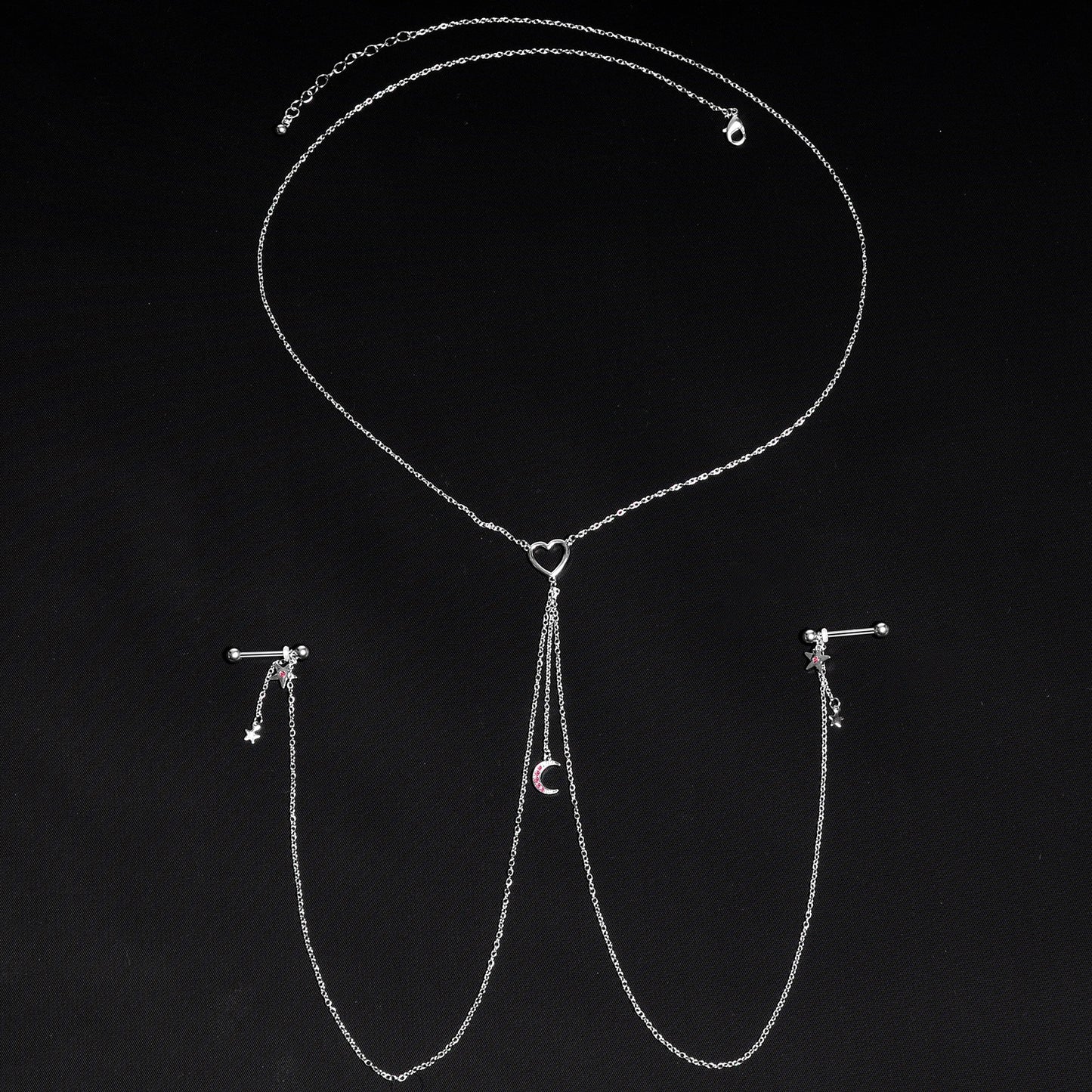14G 5/8 Pink Gem Moon Heart Star Nipple Chain Necklace
