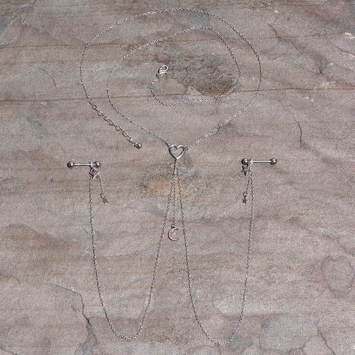 14G 5/8 Pink Gem Moon Heart Star Nipple Chain Necklace