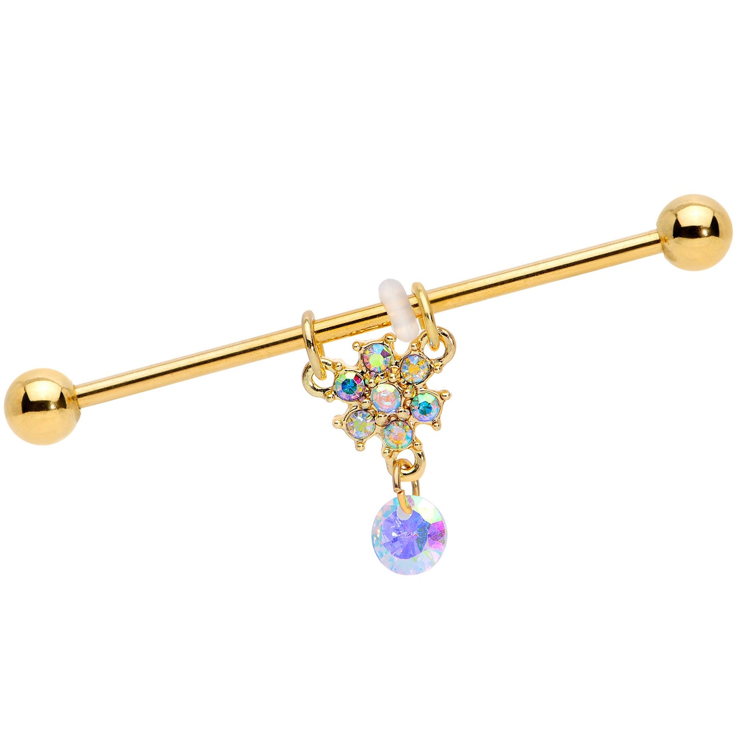 14G Aurora Gem Gold Tone Flower Dangle Industrial Barbell 38mm