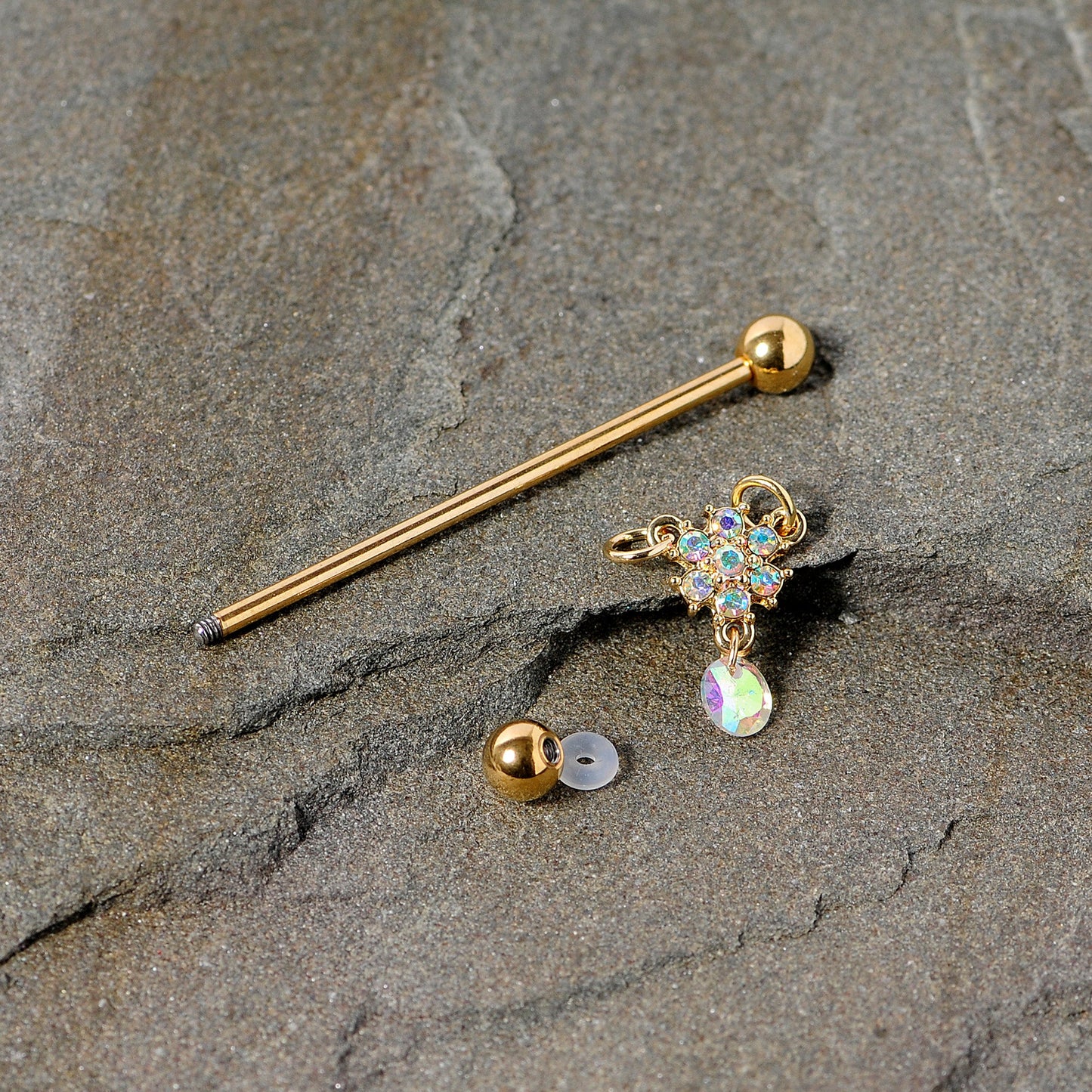 14G Aurora Gem Gold Tone Flower Dangle Industrial Barbell 38mm