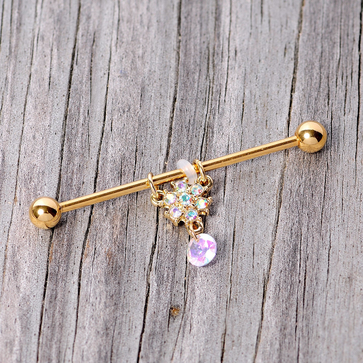 14G Aurora Gem Gold Tone Flower Dangle Industrial Barbell 38mm