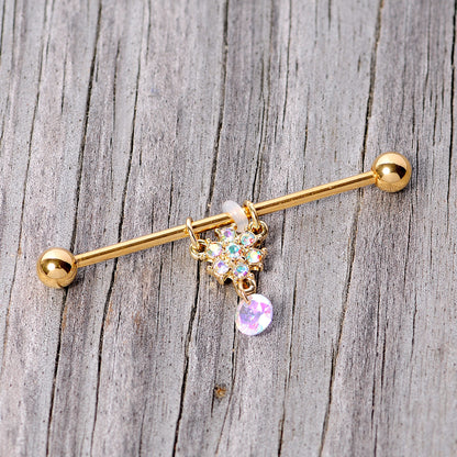 14G Aurora Gem Gold Tone Flower Dangle Industrial Barbell 38mm