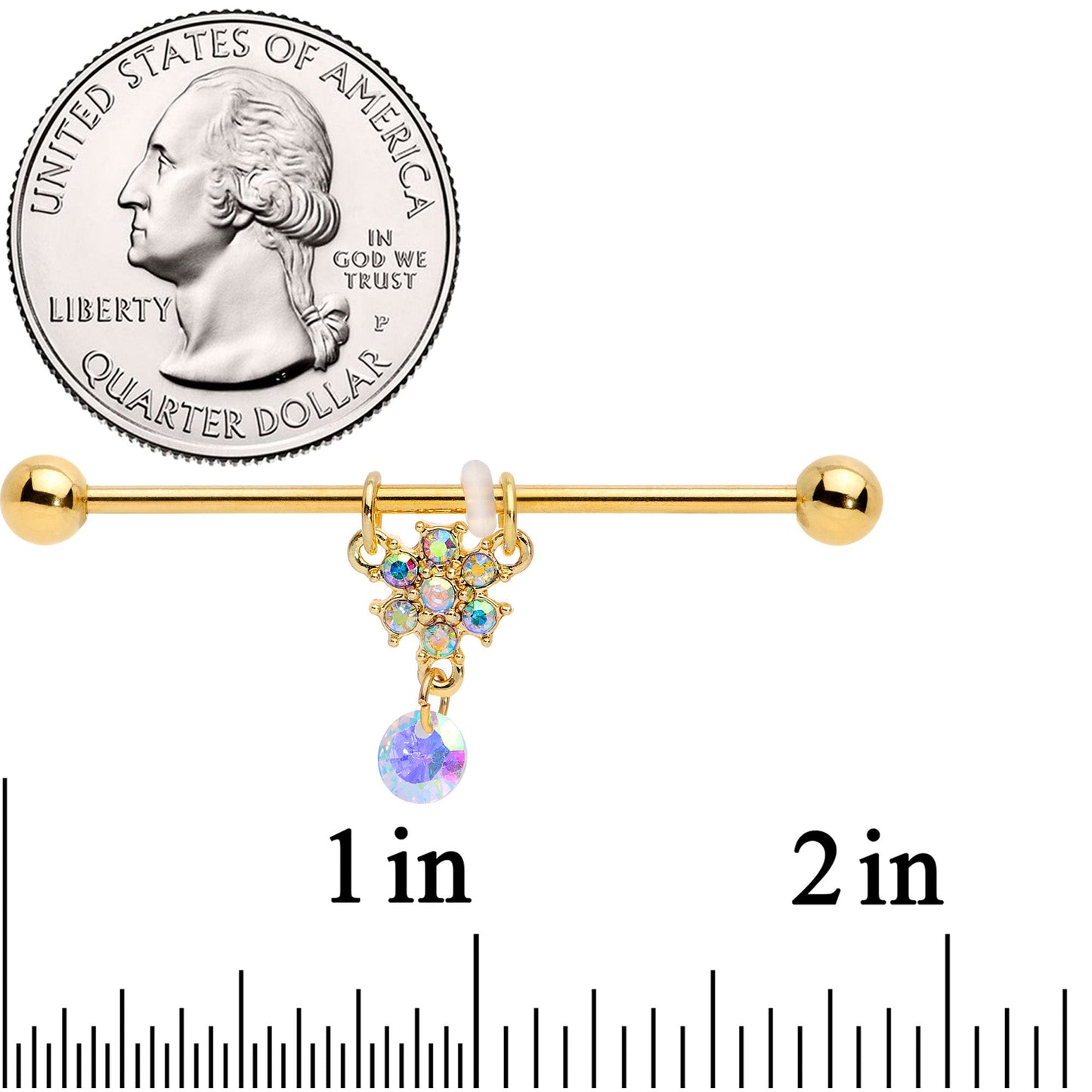 14G Aurora Gem Gold Tone Flower Dangle Industrial Barbell 38mm