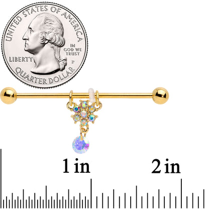14G Aurora Gem Gold Tone Flower Dangle Industrial Barbell 38mm
