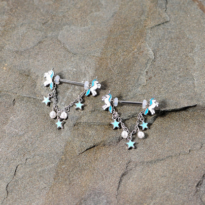 14G 5/8 Blue White Unicorn Star Chain Dangle Nipple Ring Set