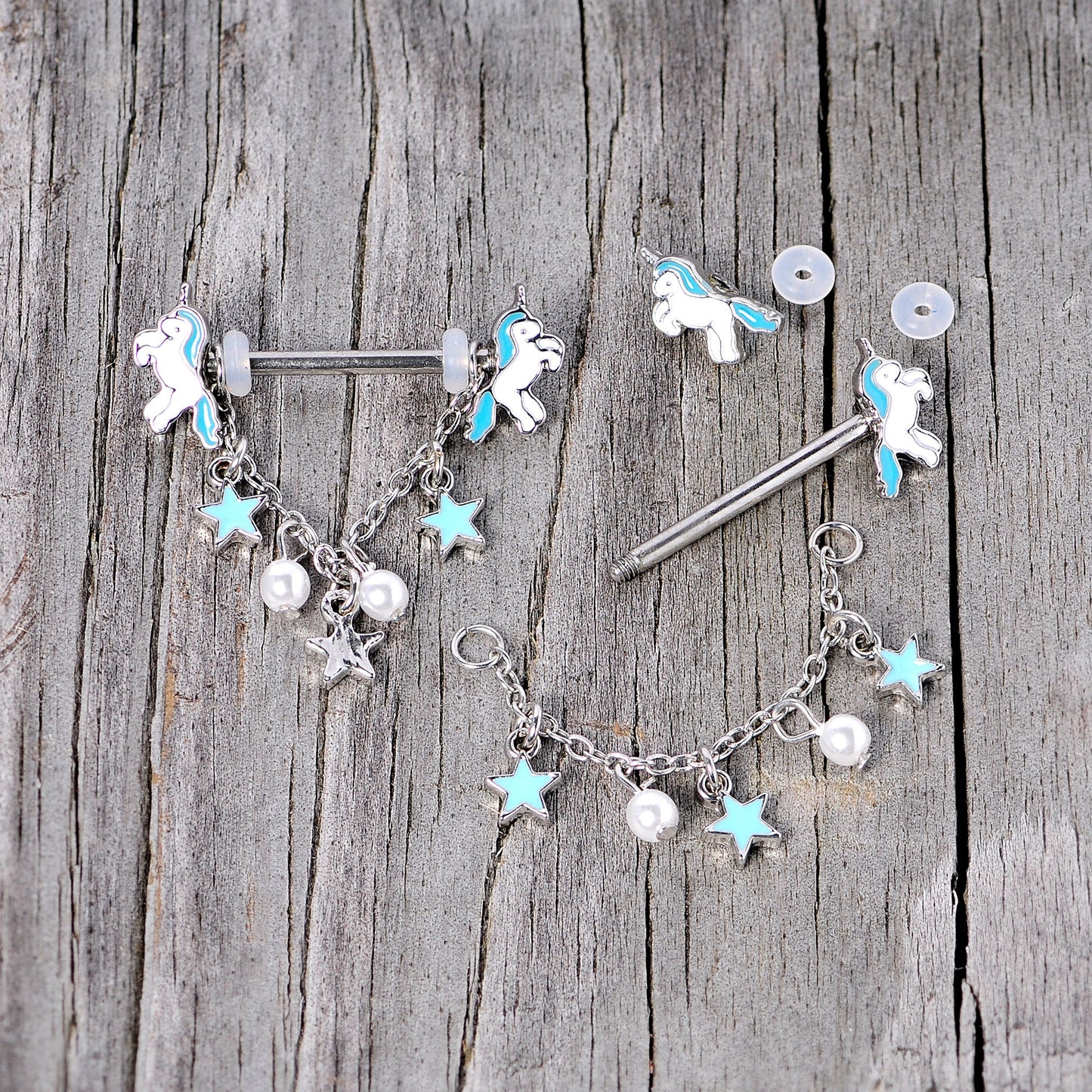 14G 5/8 Blue White Unicorn Star Chain Dangle Nipple Ring Set