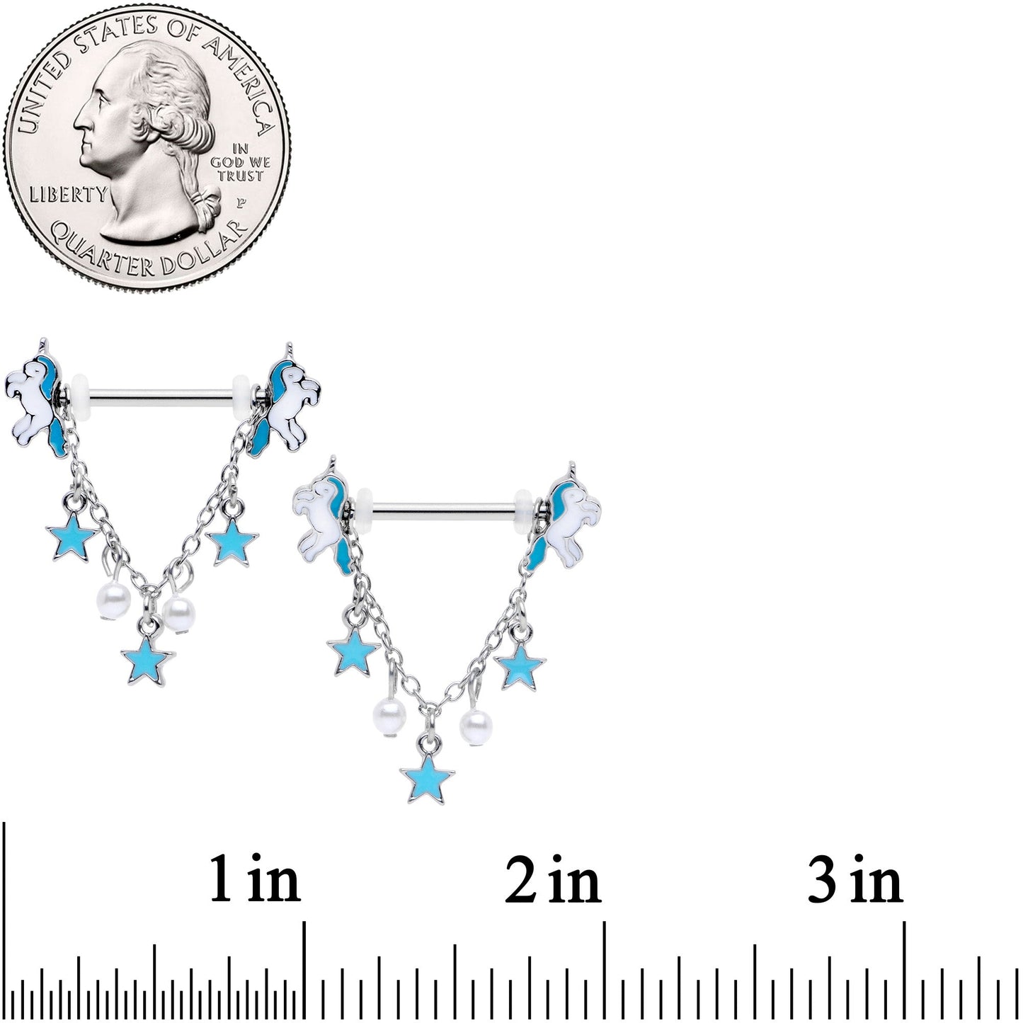 14G 5/8 Blue White Unicorn Star Chain Dangle Nipple Ring Set