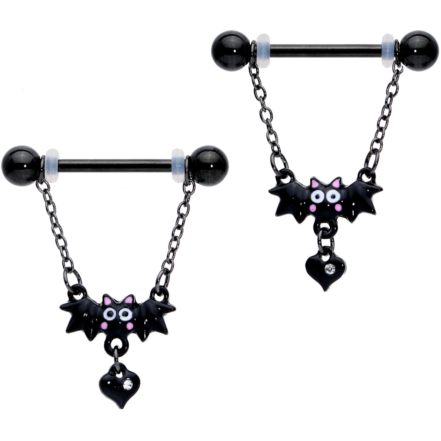 14G 5/8 Clear Gem Black Bat Halloween Dangle Nipple Ring Set