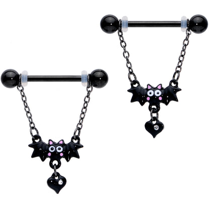 14G 5/8 Clear Gem Black Bat Halloween Dangle Nipple Ring Set