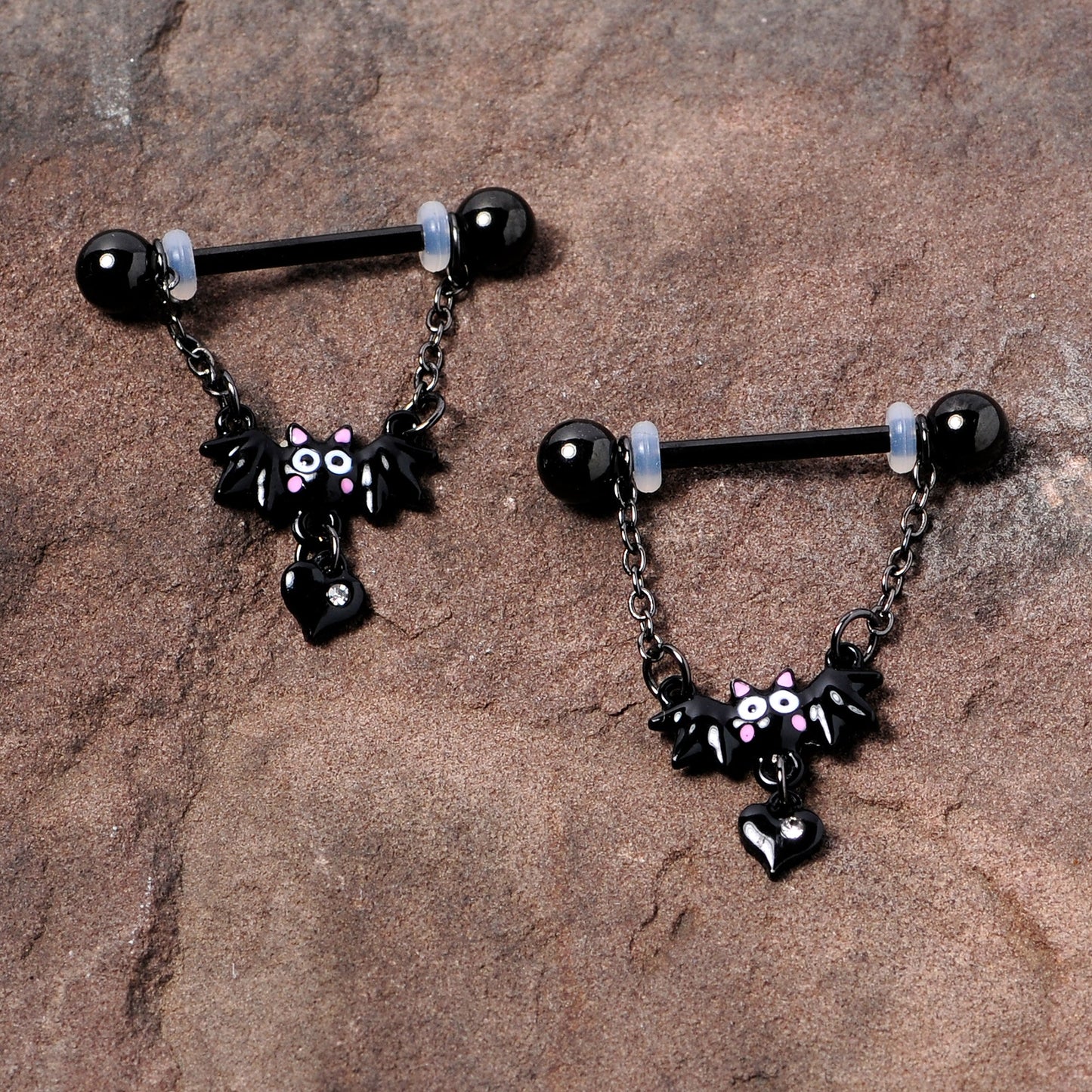 14G 5/8 Clear Gem Black Bat Halloween Dangle Nipple Ring Set