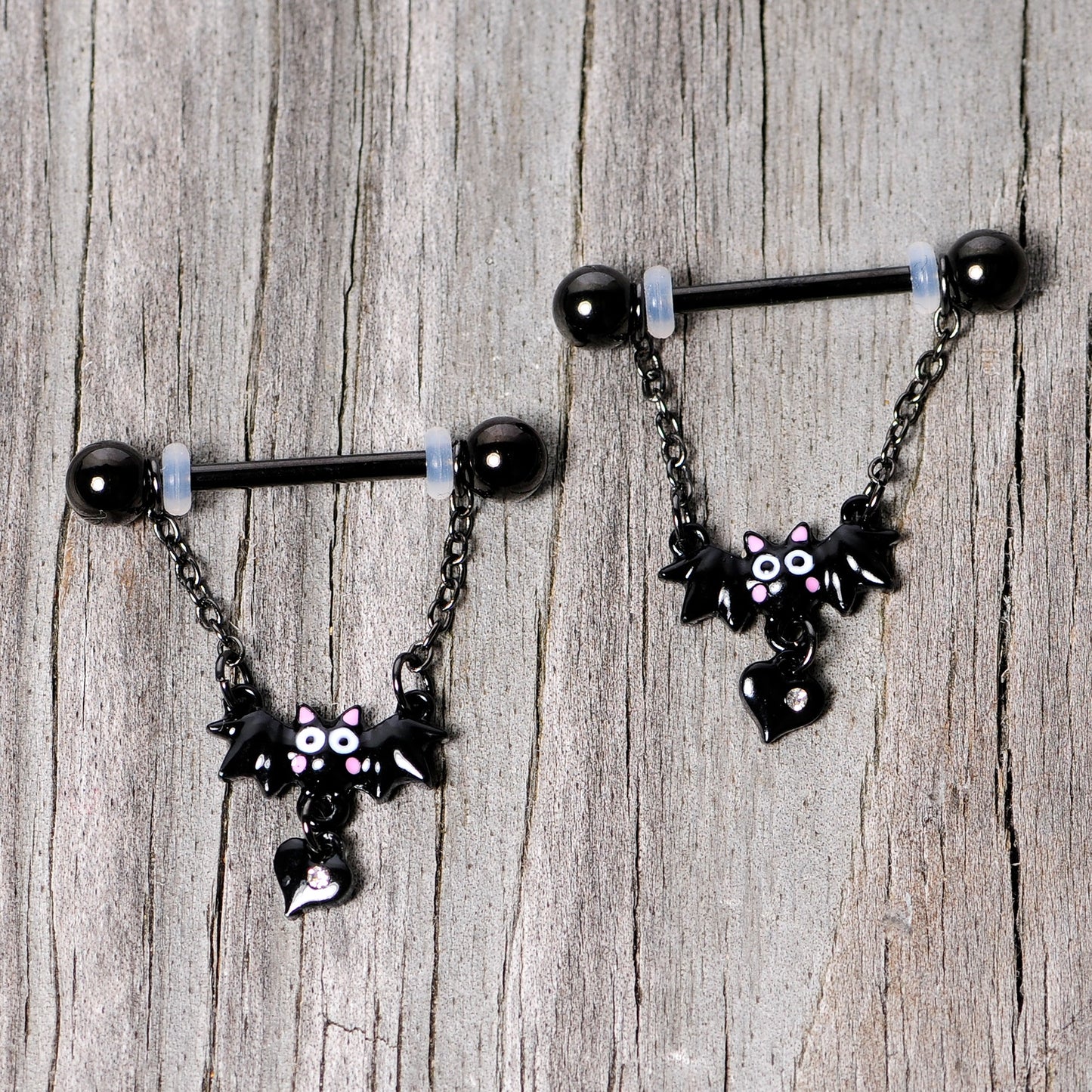 14G 5/8 Clear Gem Black Bat Halloween Dangle Nipple Ring Set
