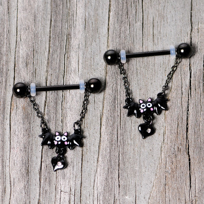 14G 5/8 Clear Gem Black Bat Halloween Dangle Nipple Ring Set
