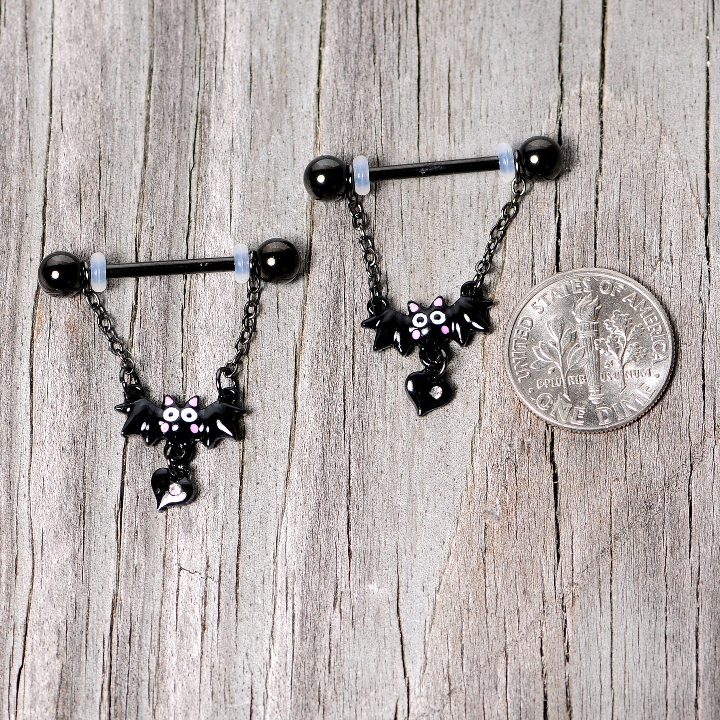 14G 5/8 Clear Gem Black Bat Halloween Dangle Nipple Ring Set