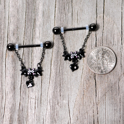 14G 5/8 Clear Gem Black Bat Halloween Dangle Nipple Ring Set