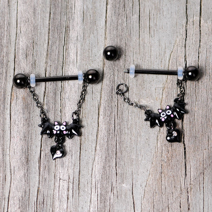 14G 5/8 Clear Gem Black Bat Halloween Dangle Nipple Ring Set