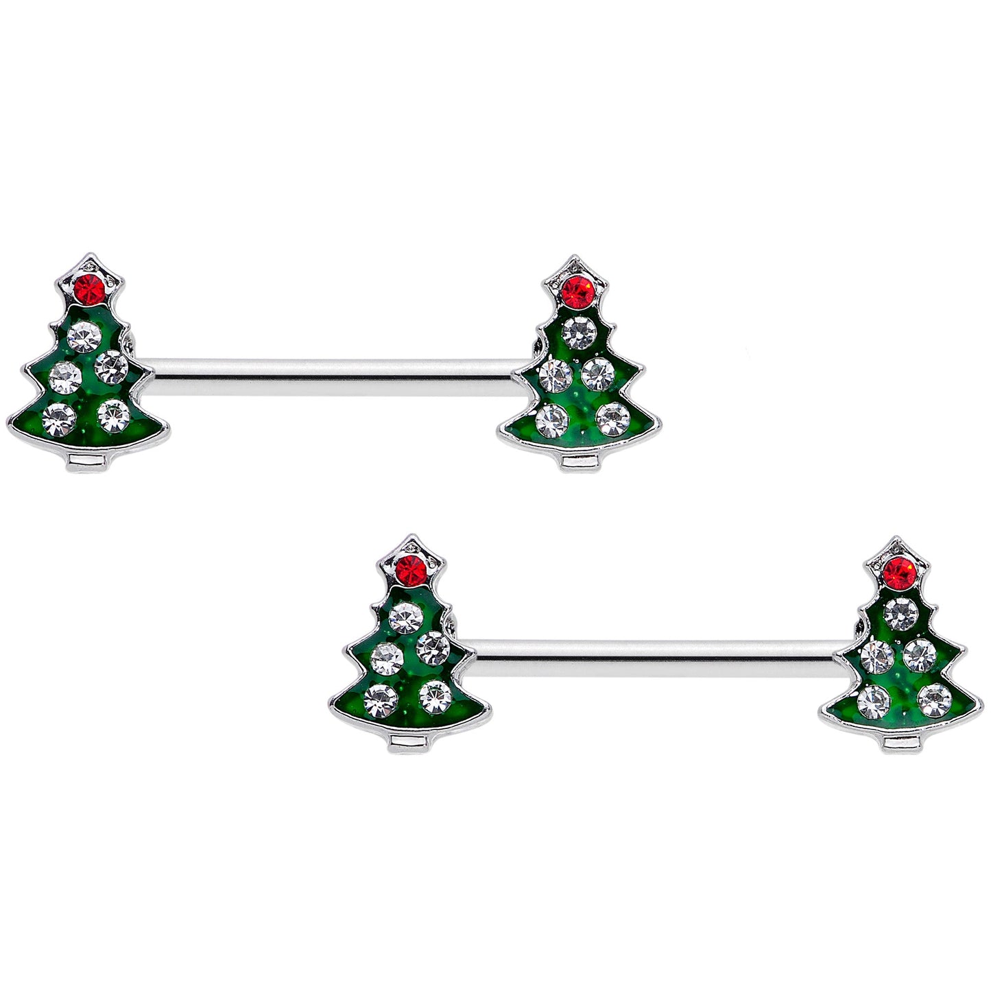 14G 9/16 Clear Red Gem Christmas Tree Barbell Nipple Ring Set